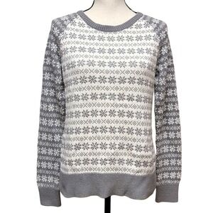 Bass Snowflake Sweater Womens Sz‎ L Gray White Sparkle Crew Long Sleeve Winter